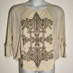 Anthropologie Cream Blouse with Brown Embroidered Medallion